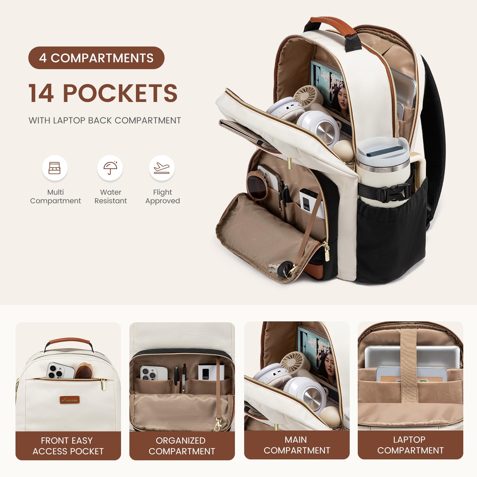 LOVEVOOK Women’s Laptop Backpack with Large Cup Pocket – Waterproof Work & Travel Backpack for 15.6″ Laptop (Beige Black Chestnut Brown)