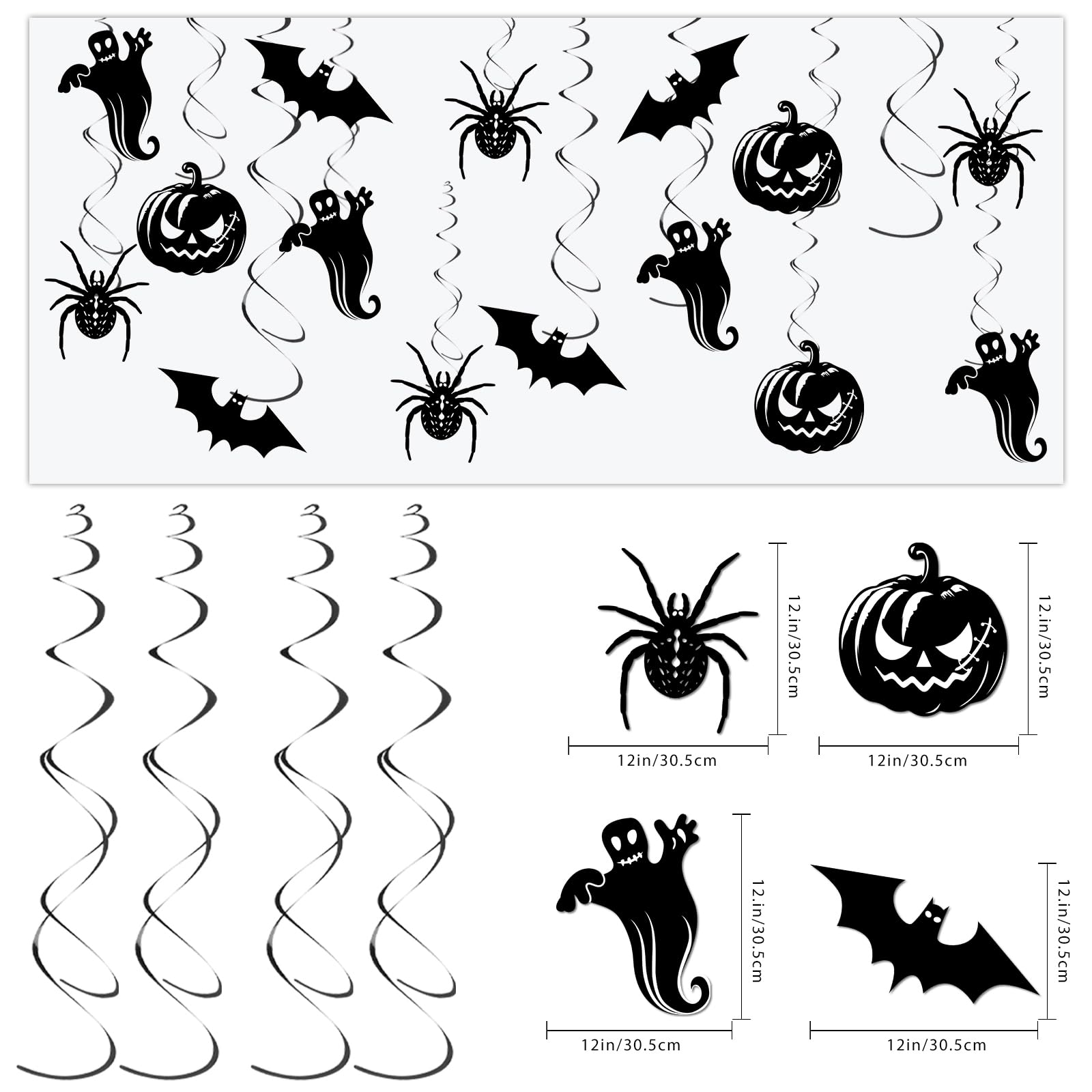Halloween Hanging Swirl Decorations – 32-Piece Black & White Party Set with Pumpkins, Ghosts, Bats & Spiders