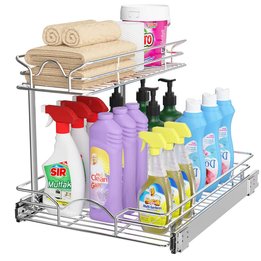 2-Tier Under Sink Pull-Out Organizer – Chrome Sliding Cabinet Shelf for Kitchen & Bathroom Storage