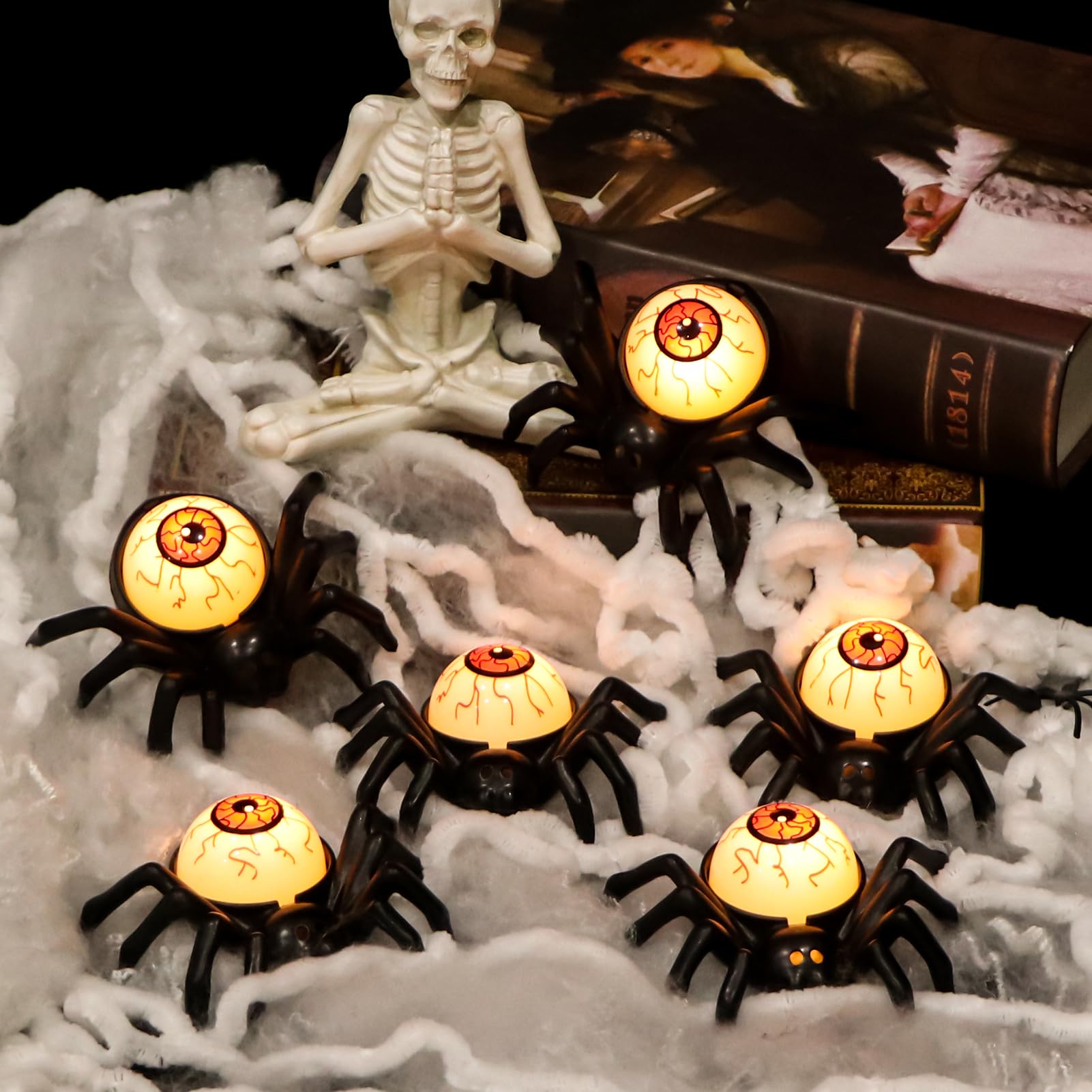 Halloween Spider Eyeball LED Tea Light Candles – 6PCS Battery-Operated Flameless Lights with Timer (Spooky Décor)
