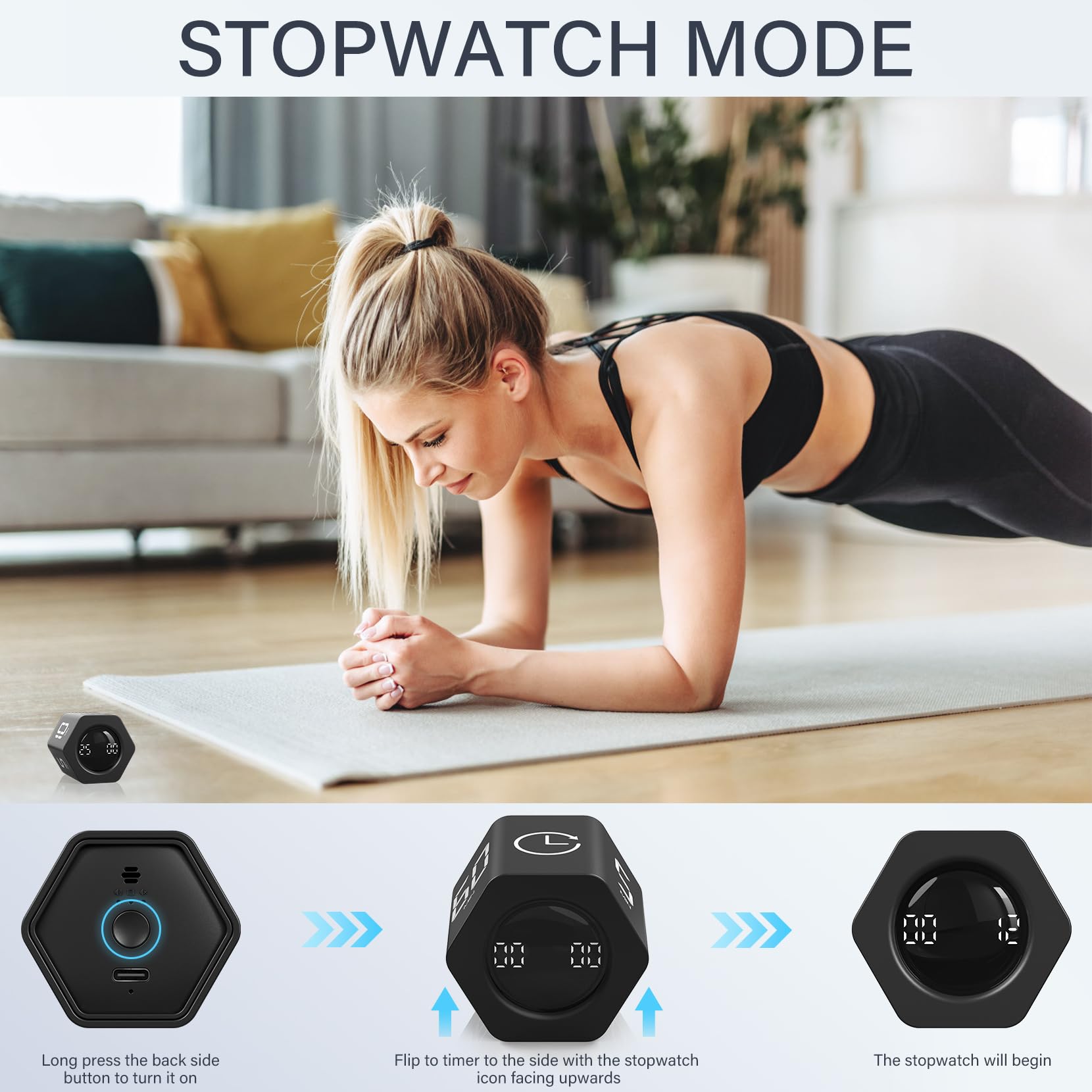 Rotating Pomodoro Timer Hexagon with Flip Control, Preset 5/10/25/30/60 Min & Stopwatch, Silent Vibration Desk Timer for Work, Study & Kitchen – Black