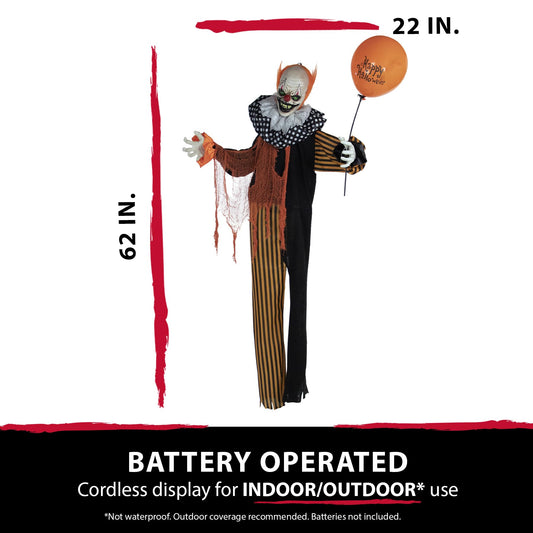 Haunted Hill Farm 65" Animated Standing Clown – Talking Halloween Prop with Lights, Motion & Red LED Eyes