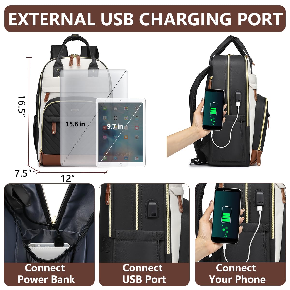 Women’s 15.6” Laptop Backpack with USB Charging Port – Large Waterproof Work & Travel Backpack with Anti-Theft Design (Beige/Black/Brown)