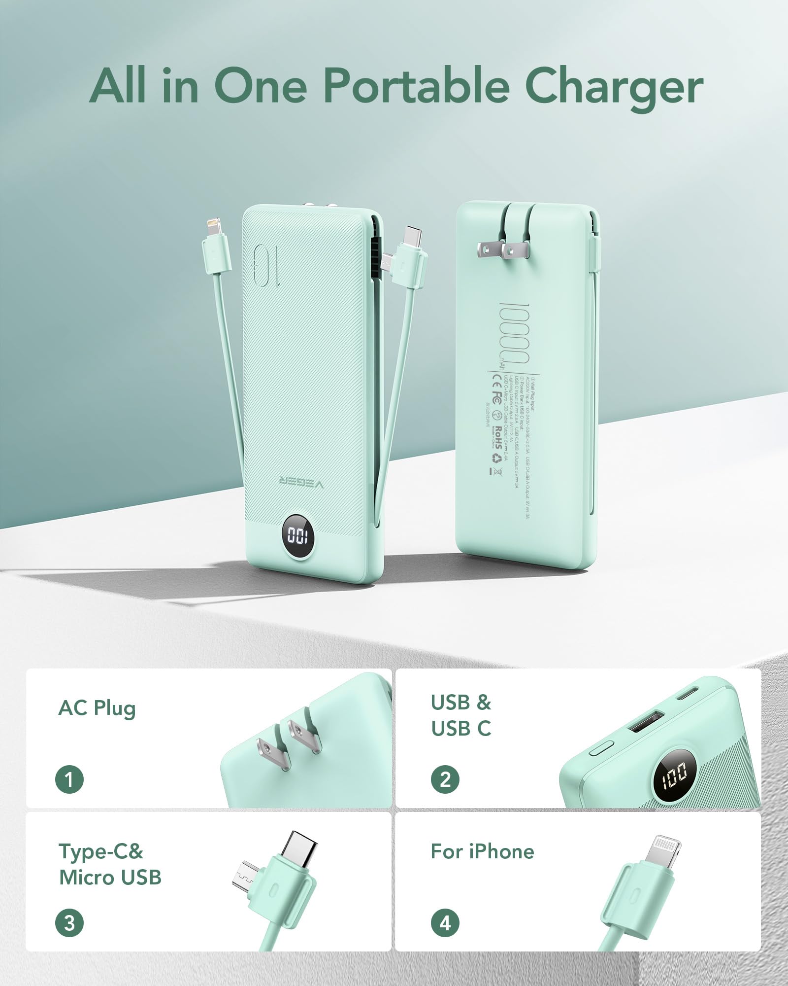 Slim 10000mAh Portable Charger with Built-In Cables & Wall Plug – Fast Multi-Device Power Bank
