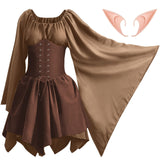 Women’s Medieval Renaissance Corset Dress Set – Khaki & Dark Khaki Elven Archer Costume with Long Ears 🏹✨