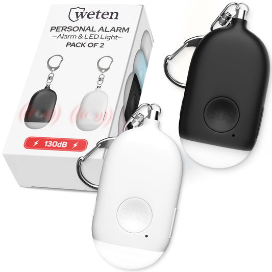 Weten Rechargeable Personal Safety Alarm Keychain – 130dB Siren with LED Light, Dual Panic Trigger (Black & White, 2-Pack)
