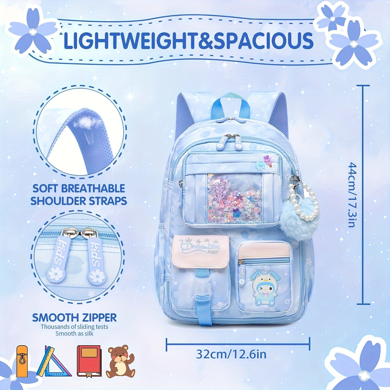 Sanrio Cinnamoroll Cartoon Shoulder Bag & Travel Backpack Set – Includes Plush Pendant, 2 Badges & Stationery, Ultra-Lightweight for New Semester 🎒✨
