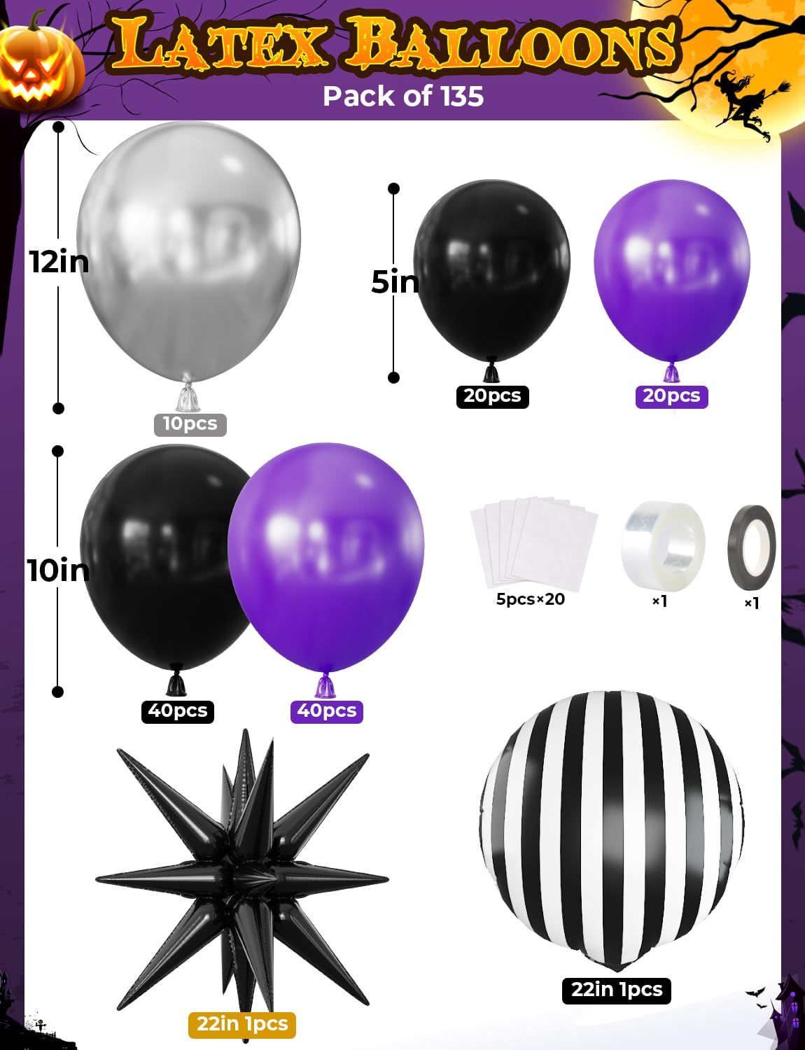 Halloween Balloon Arch Kit – 135 PCS Gothic Garland Set (Purple, Silver & Black Balloons + Starburst Foils)