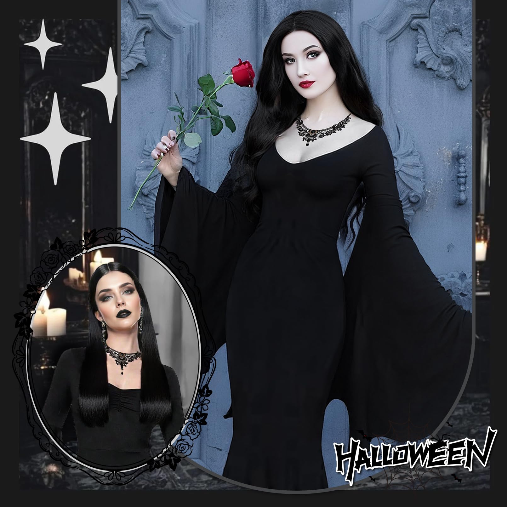 Gothic Halloween Wig & Accessories Set – Long Black Braided Wig with Necklace, Earrings & Red Rose