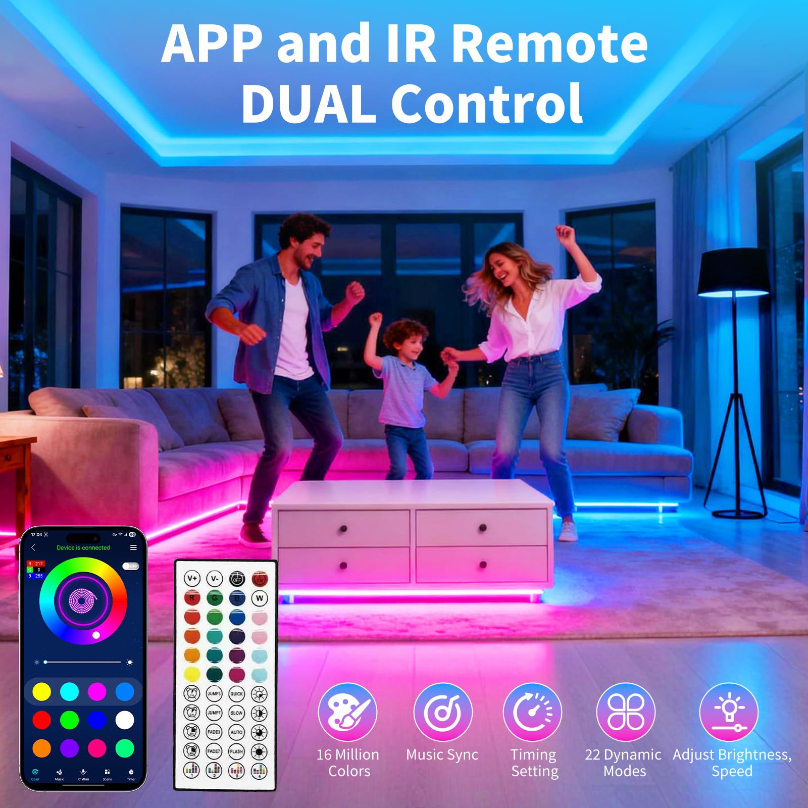 Smart RGB LED Strip Lights with Music Sync, App & Remote Control – 16 Million Colors (Indoor Use)