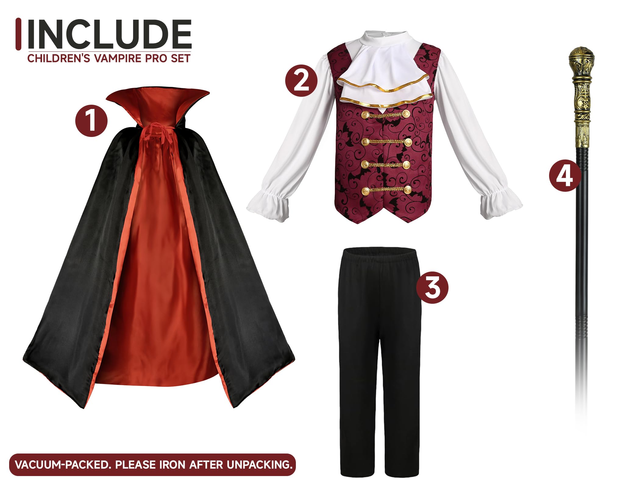 Kids Red Count Dracula Costume Set – Cape, Top, Pants & Scepter (Ages 4–12)