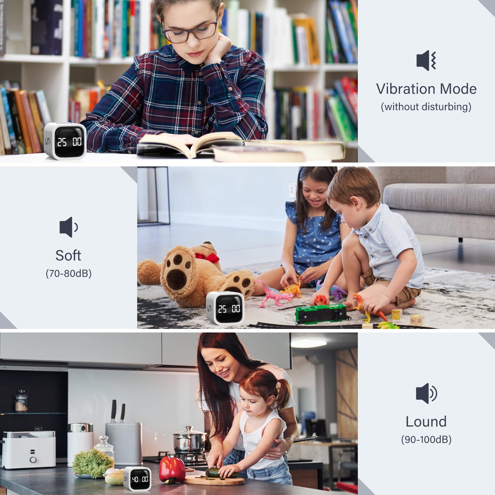 Rotating Pomodoro Timer Cube with Gravity Sensor, Preset 5/10/25/50 Min, Custom Countdown & Stopwatch, Silent Vibration Desk Timer for Work, Study & Kitchen – White