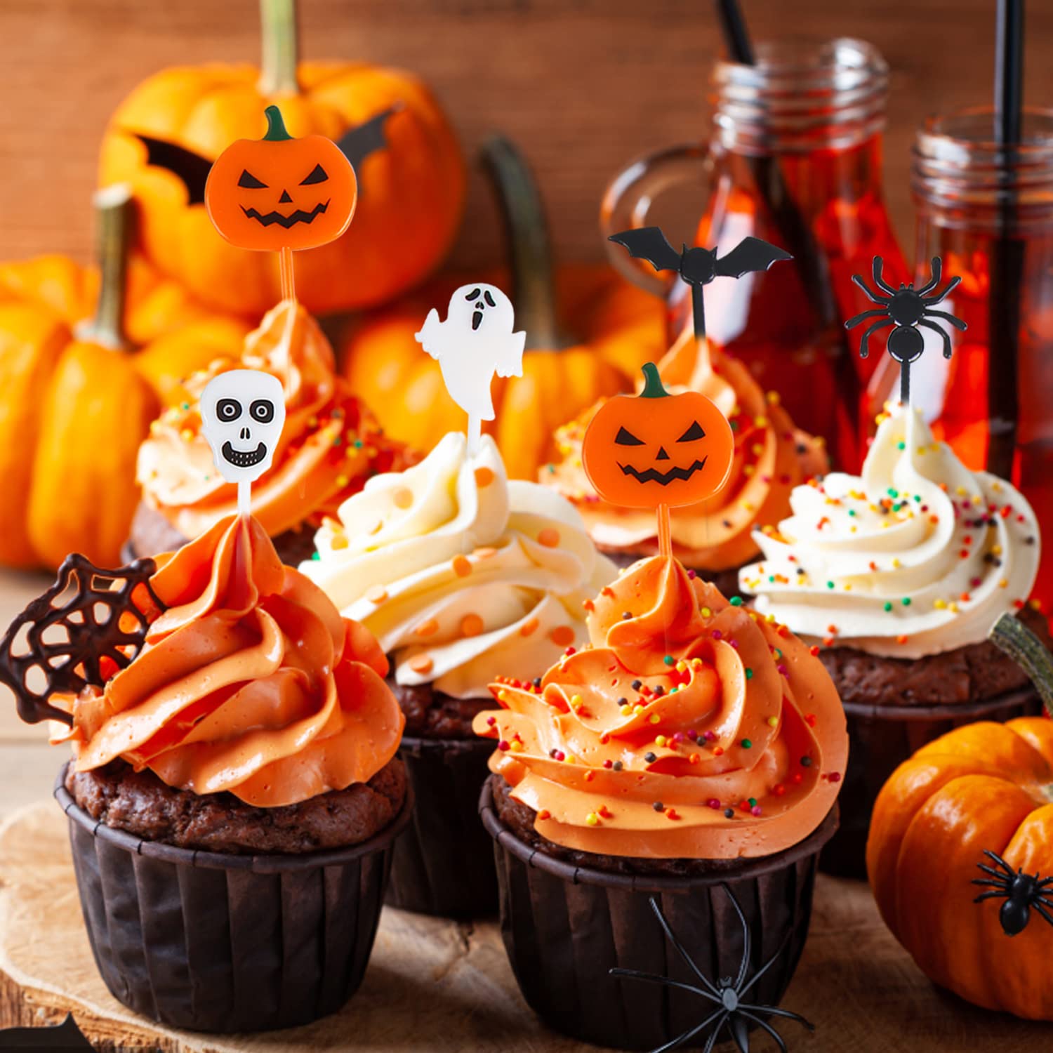 Halloween Cupcake Toppers – 50 Pcs Reusable Party Picks Set (Pumpkin, Ghost, Spider, Bat & Skeleton Designs)