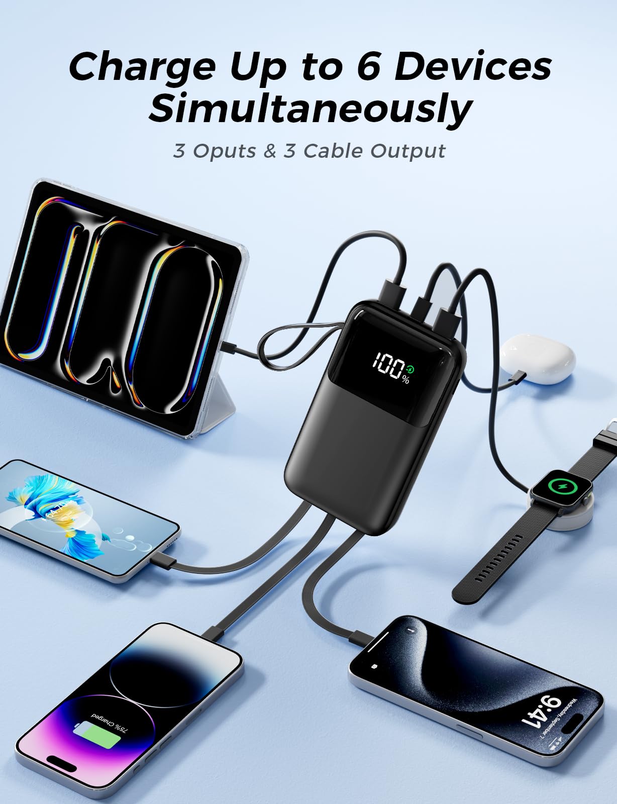 22.5W Fast Charging Power Bank with Built-in Cables – Portable Charger with LED Display for iPhone, Samsung, Tablets & Travel Devices (Black)