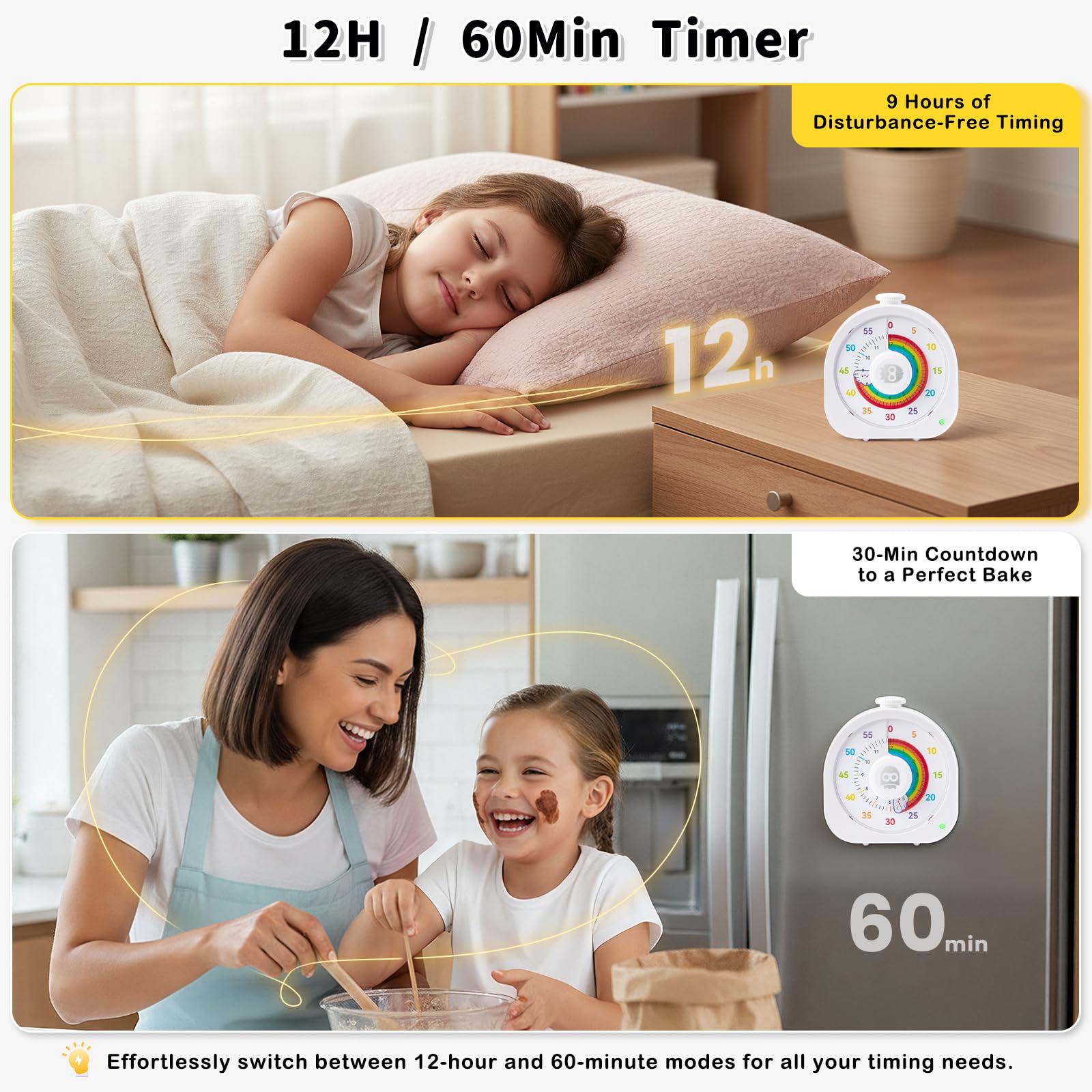 Rainbow Visual Timer with Magnetic Stand, Silent Rechargeable Countdown & Pomodoro Mode (60 Min / 12H) for Kids, Classroom & Focus Training – White