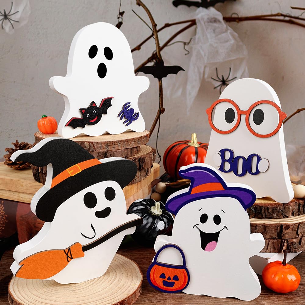 Halloween Wooden Ghost Decorations – 4 Pack Freestanding Colorful Tabletop Décor for Home, Coffee Bar & Fireplace Mantle