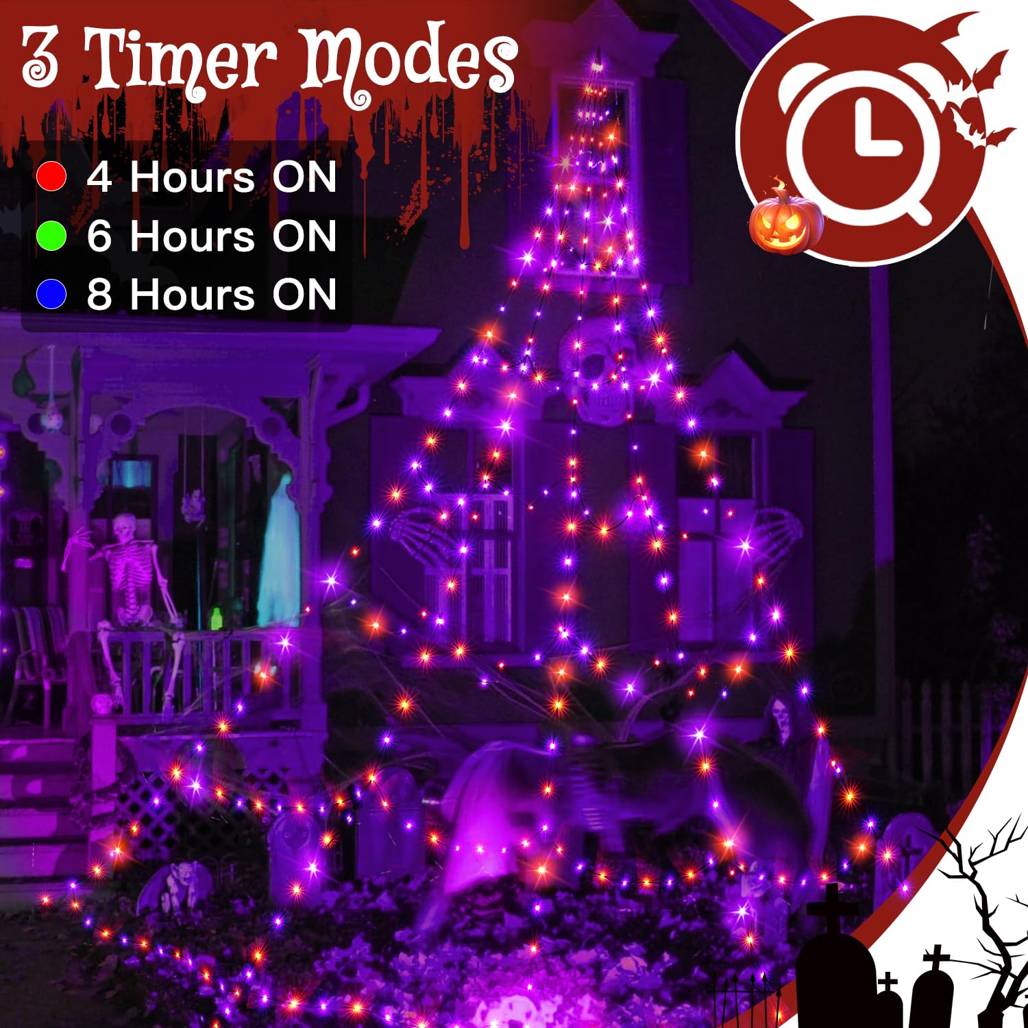 Halloween Spiderweb Lights – 266 LED Orange & Purple Outdoor Web with Remote, 8 Modes & Timer (9.8ft, IP67 Waterproof)