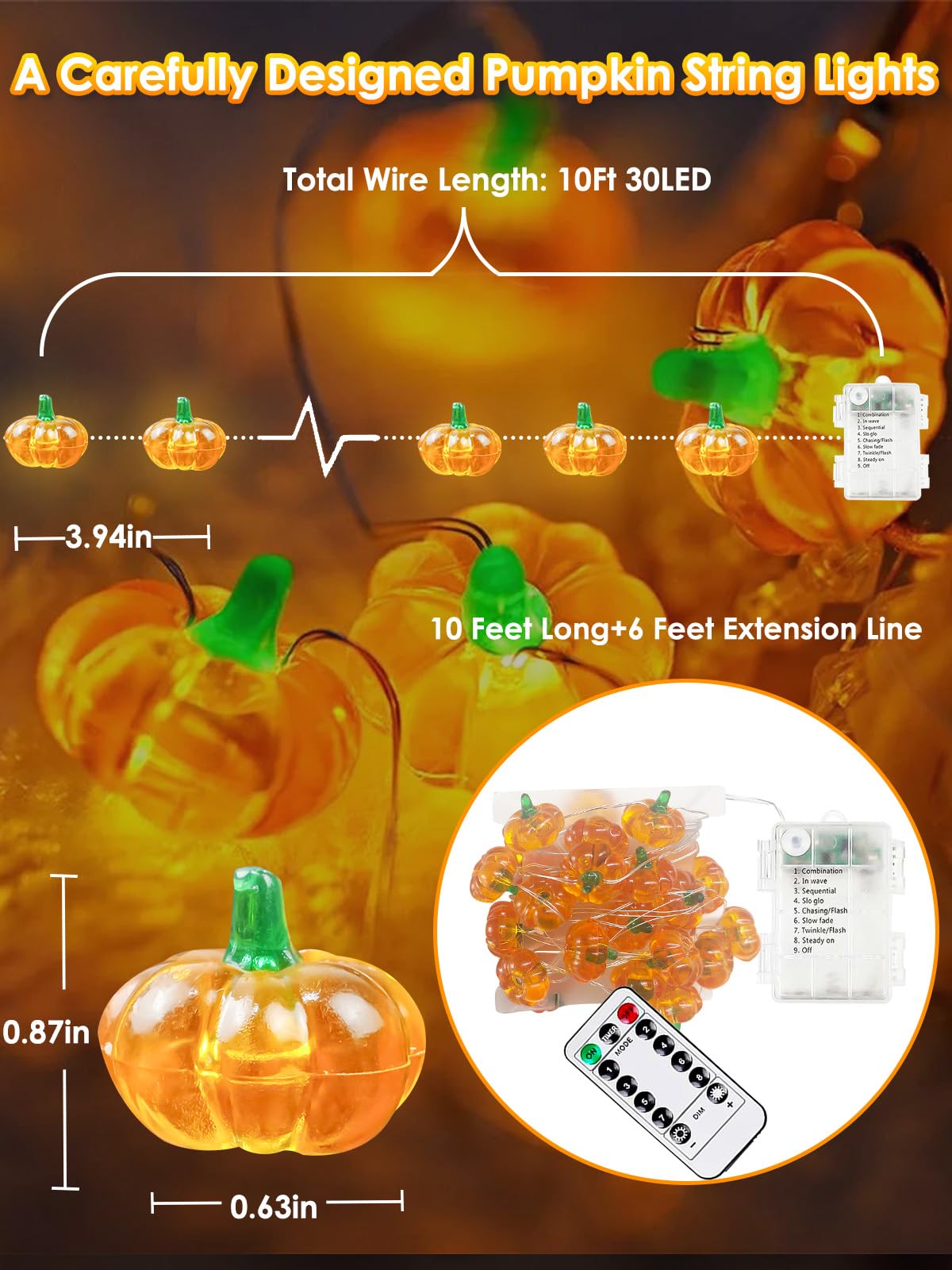 30 LED Orange Pumpkin String Lights – Battery Operated Fairy Lights with Remote, 8 Modes & Timer for Halloween & Fall Décor