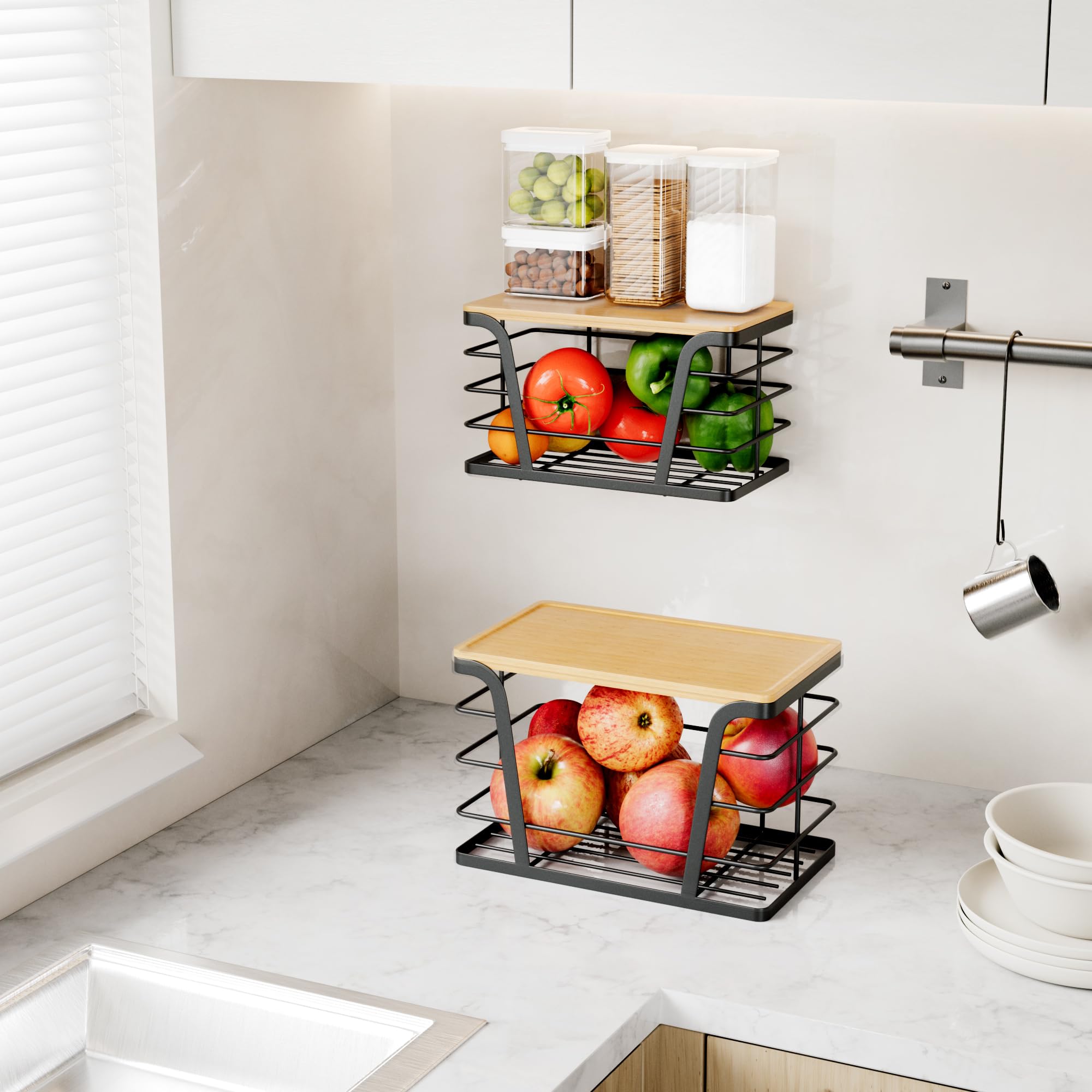 Trash Bag Organizer Dispenser Set (2-Pack) – Stackable Wall-Mount Storage with Bamboo Top for Kitchen, Pantry & Laundry