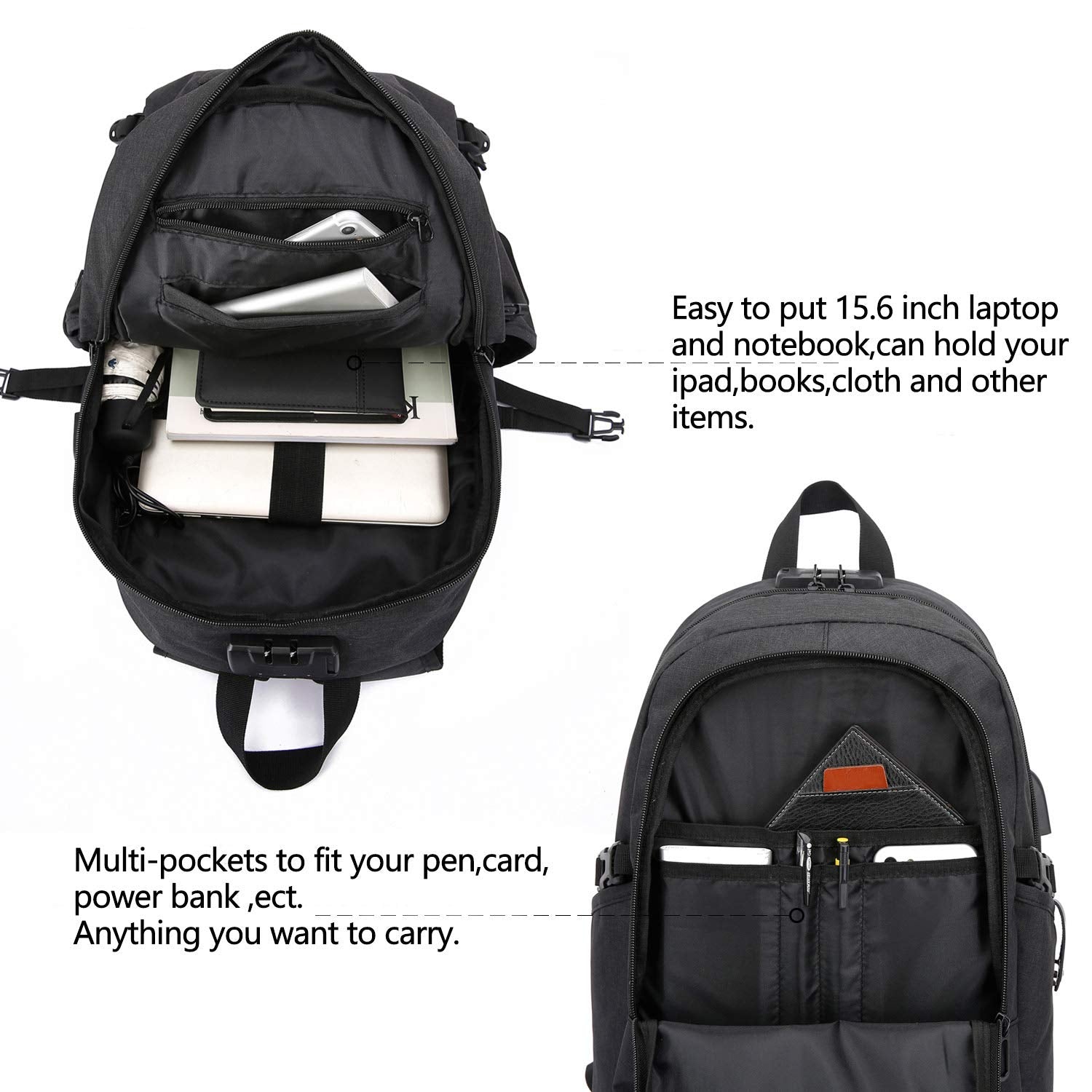 WENIG Anti-Theft Travel Laptop Backpack with USB Charging Port & Lock – 15.6 Inch, Black
