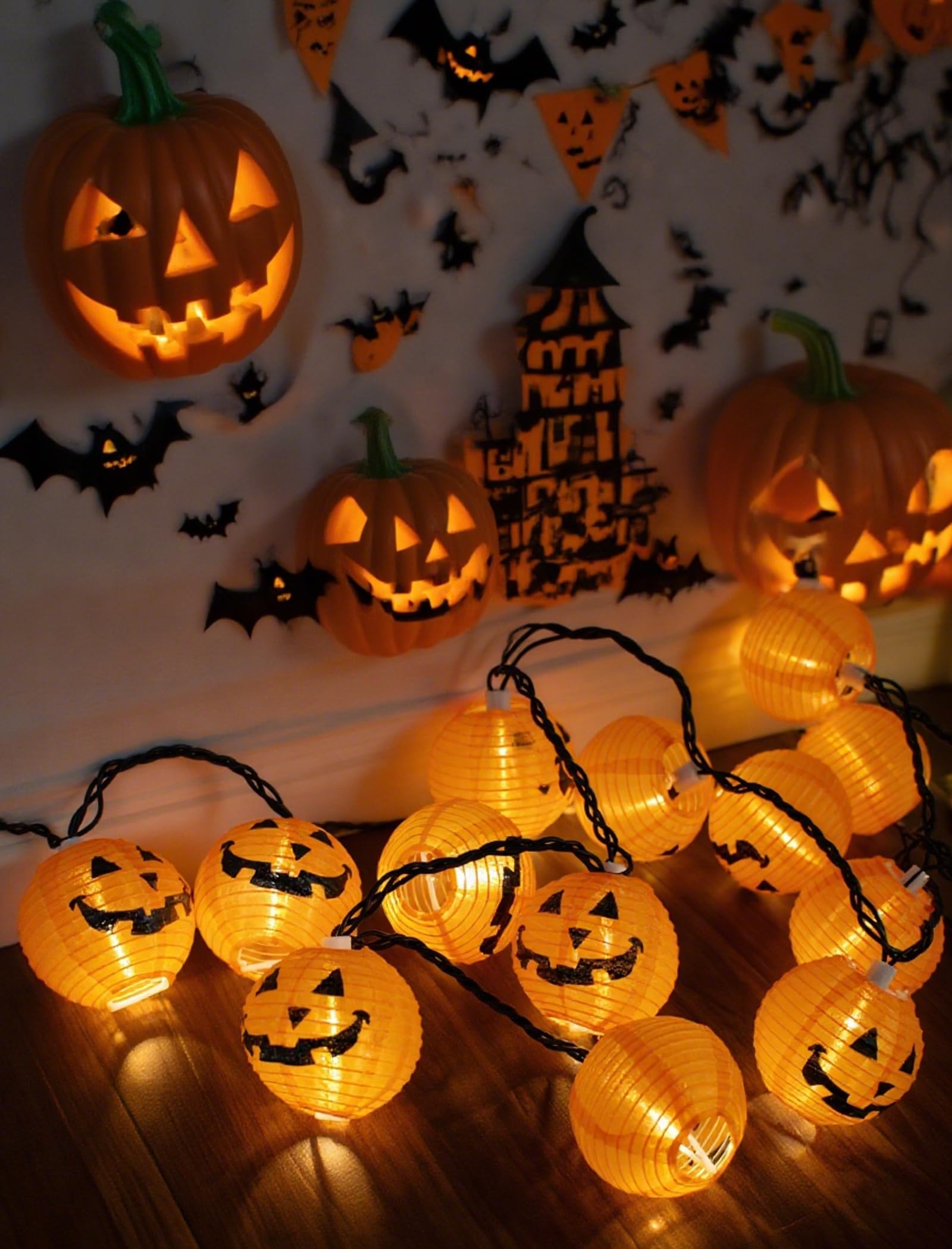Orange Fabric Pumpkin Lantern String Lights – 12Ft, 20 LED UL Certified, Indoor/Outdoor Halloween Decor