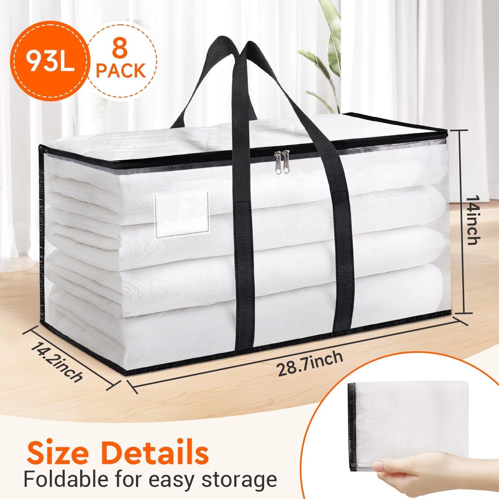 Extra Large 93L Clear Moving Storage Bags (8-Pack) – Heavy Duty Zippered Totes with Reinforced Handles & Label Pocket