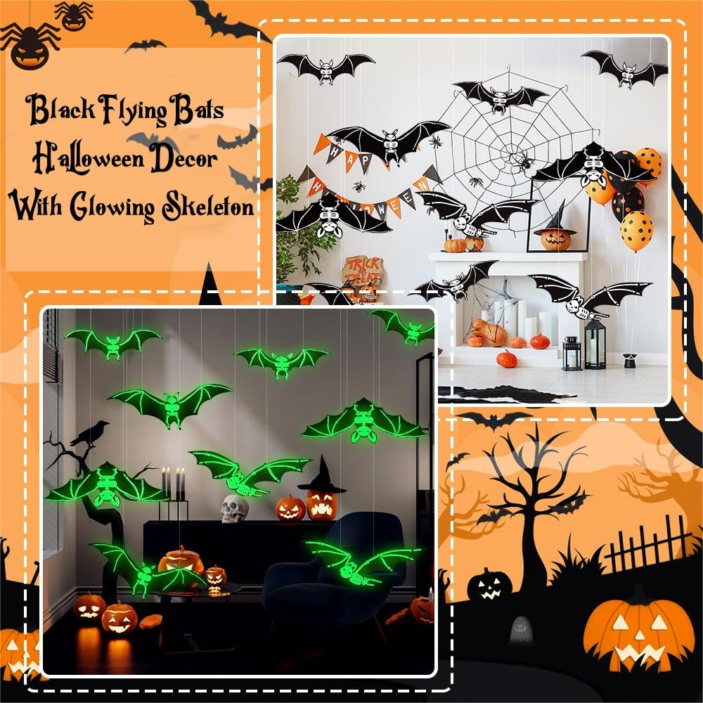 Halloween Glowing Hanging Bats – 12 Pack (Black, Glow-in-the-Dark Eyes)
