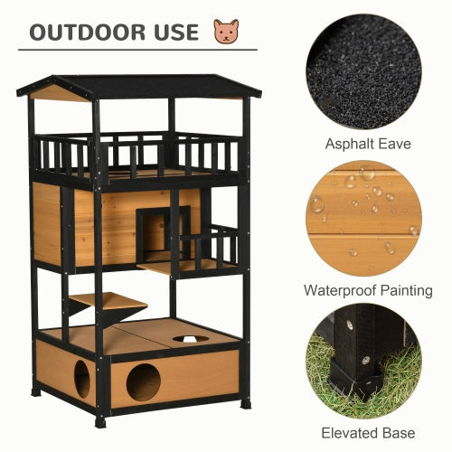 Wooden Outdoor Cat House – Weatherproof Wild Cat Shelter with Multi-Level Kitten Tree & Safe Resting Space