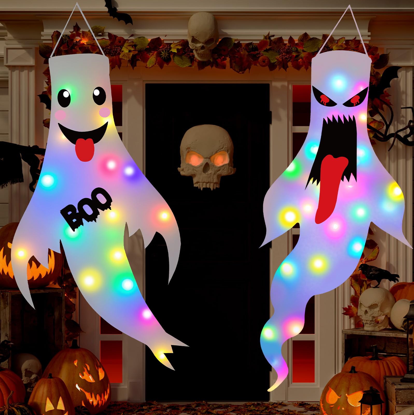 2-Pack Light-Up Hanging Ghosts – Large Outdoor Halloween Decorations with LED Lights (47 Inches, 1A-2Pack)