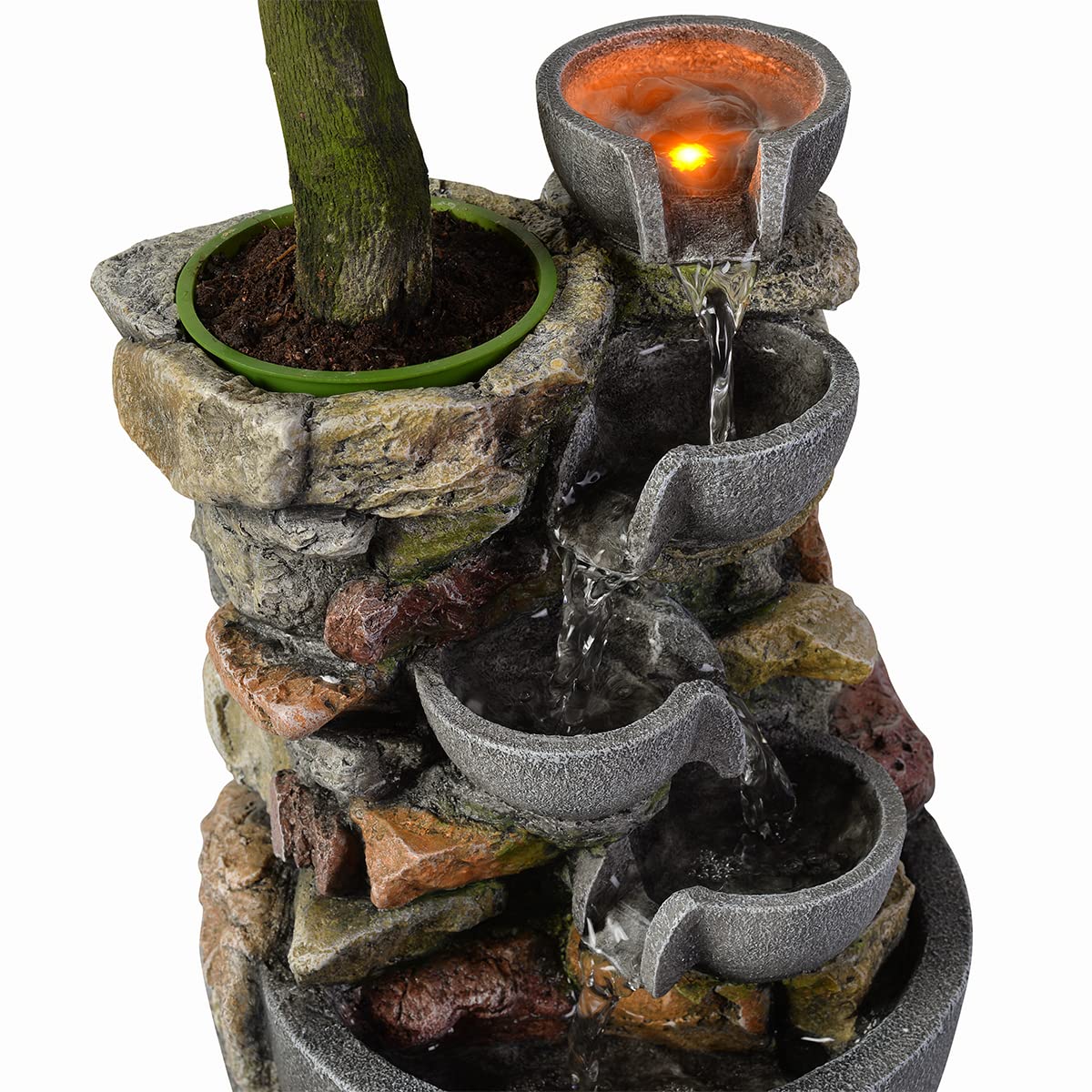 4-Bowl Rockery Tabletop Water Fountain with LED & Self-Watering Plant Pot (Indoor Zen Garden)