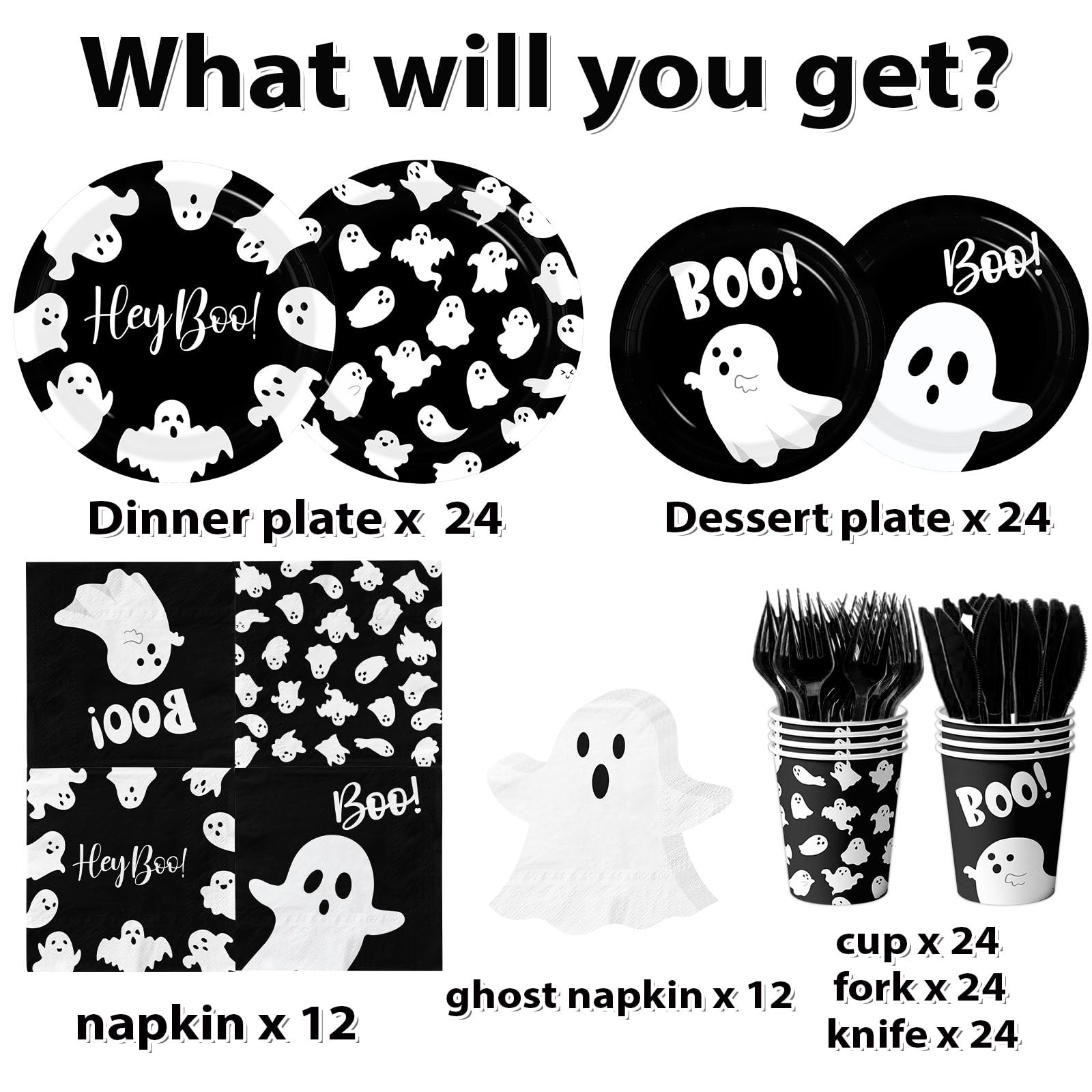 Black Ghost Halloween Tableware Set – 144 Pcs Disposable Plates, Cups, Napkins & Cutlery with Cute Boo Ghost Design for Party & Baby Shower