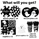 Black Ghost Halloween Tableware Set – 144 Pcs Disposable Plates, Cups, Napkins & Cutlery with Cute Boo Ghost Design for Party & Baby Shower