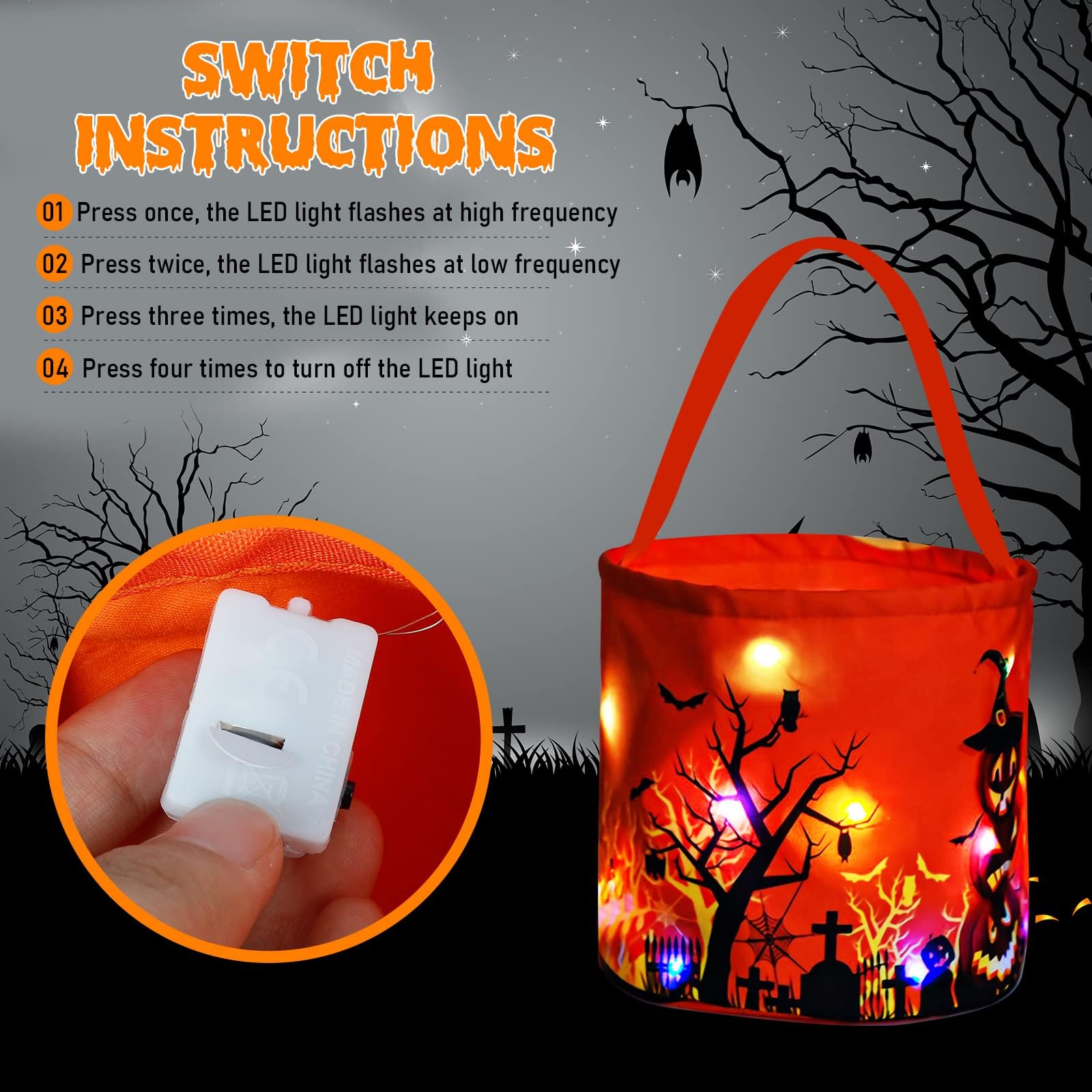 LED Light-Up Halloween Trick or Treat Bag – Pumpkin Design, Large Candy Bucket (Orange, 9x9 in)