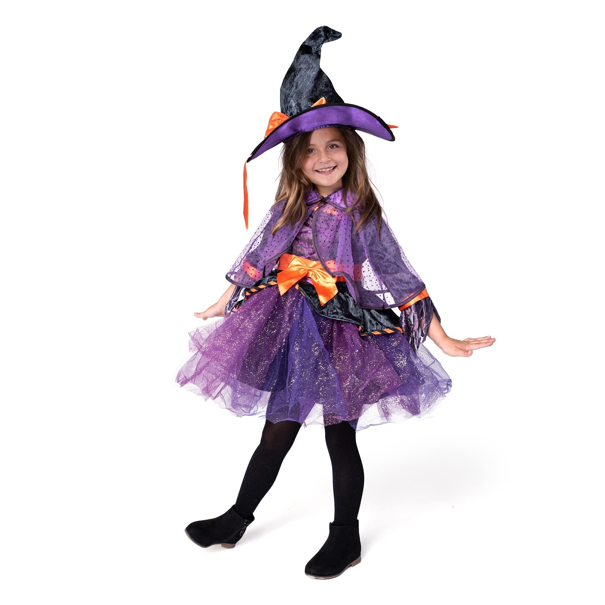 Purple Witch Costume for Girls – 5-Piece Halloween Dress-Up Set with Hat, Cape, Belt & Ribbon Broom