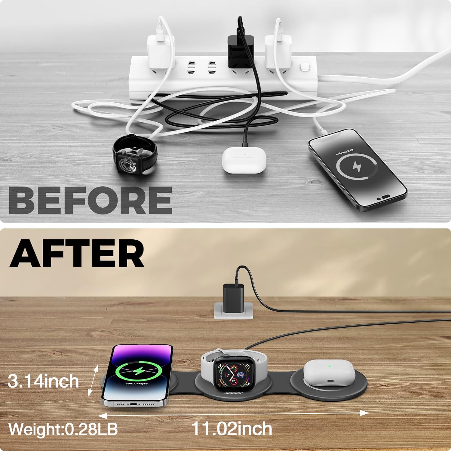 3-in-1 Wireless Charging Station for iPhone, Apple Watch & AirPods, Foldable Fast Wireless Charger Stand for Travel and Nightstand Use