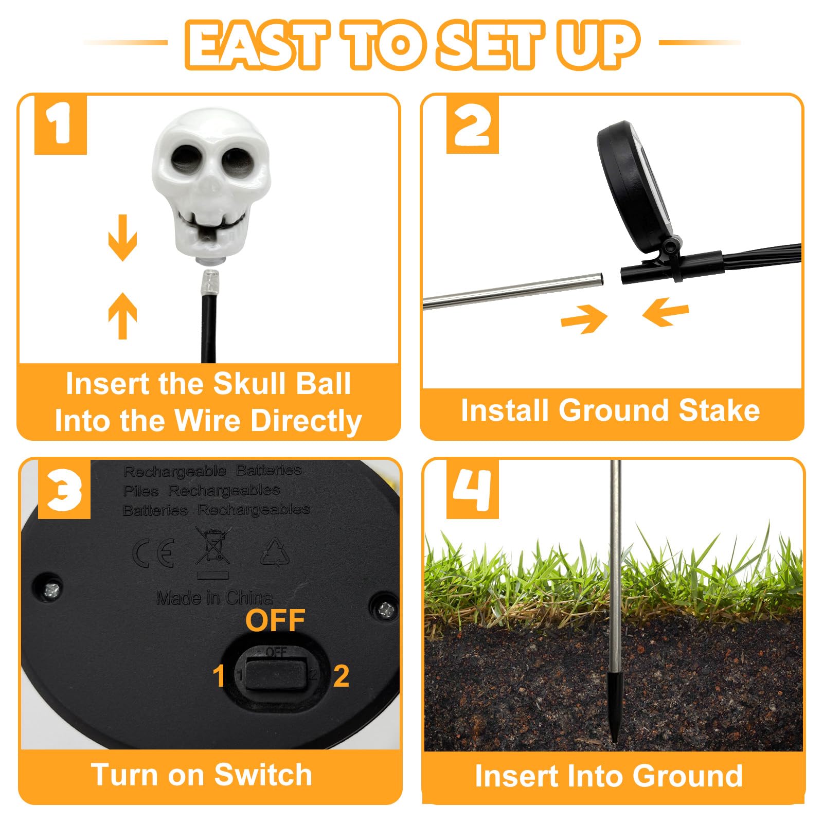 Solar Skull Pathway Lights – Cool White LED Halloween Yard Decorations with Twinkle & Steady Modes (4-Pack, SP-25)