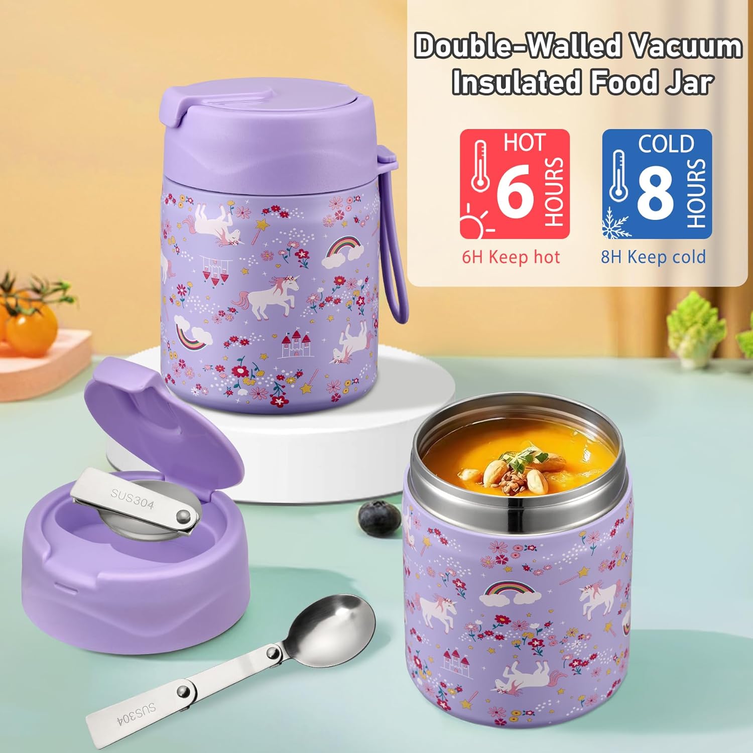 Kids Bento Lunch Box Set with 3 Compartments, 17 oz Food Jar, Insulated Bottle, Lunch Bag and Ice Pack