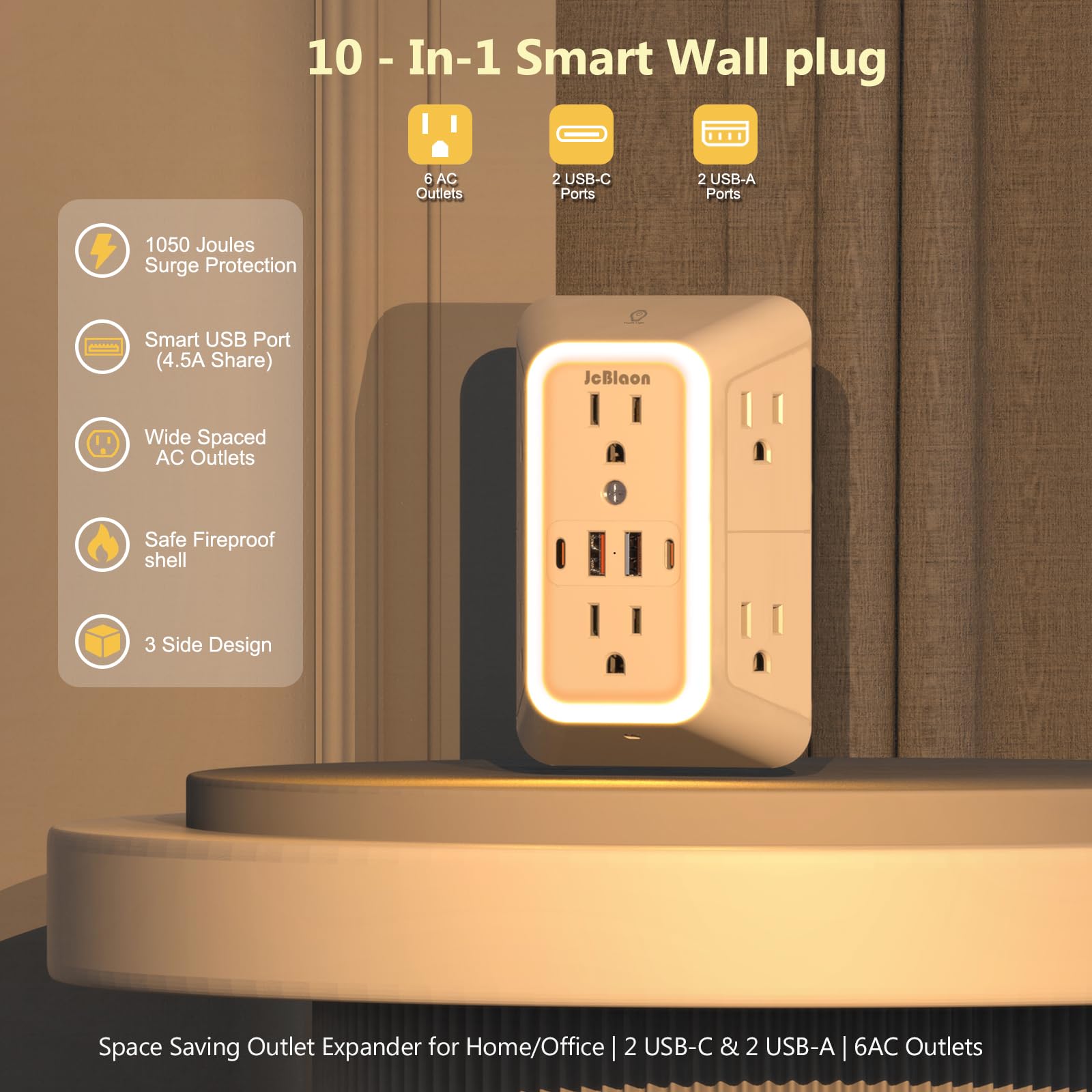 10-in-1 USB Wall Outlet Extender with Surge Protection, 6 AC Ports & Dual USB-C Fast Charging – Space Saving Power Hub White