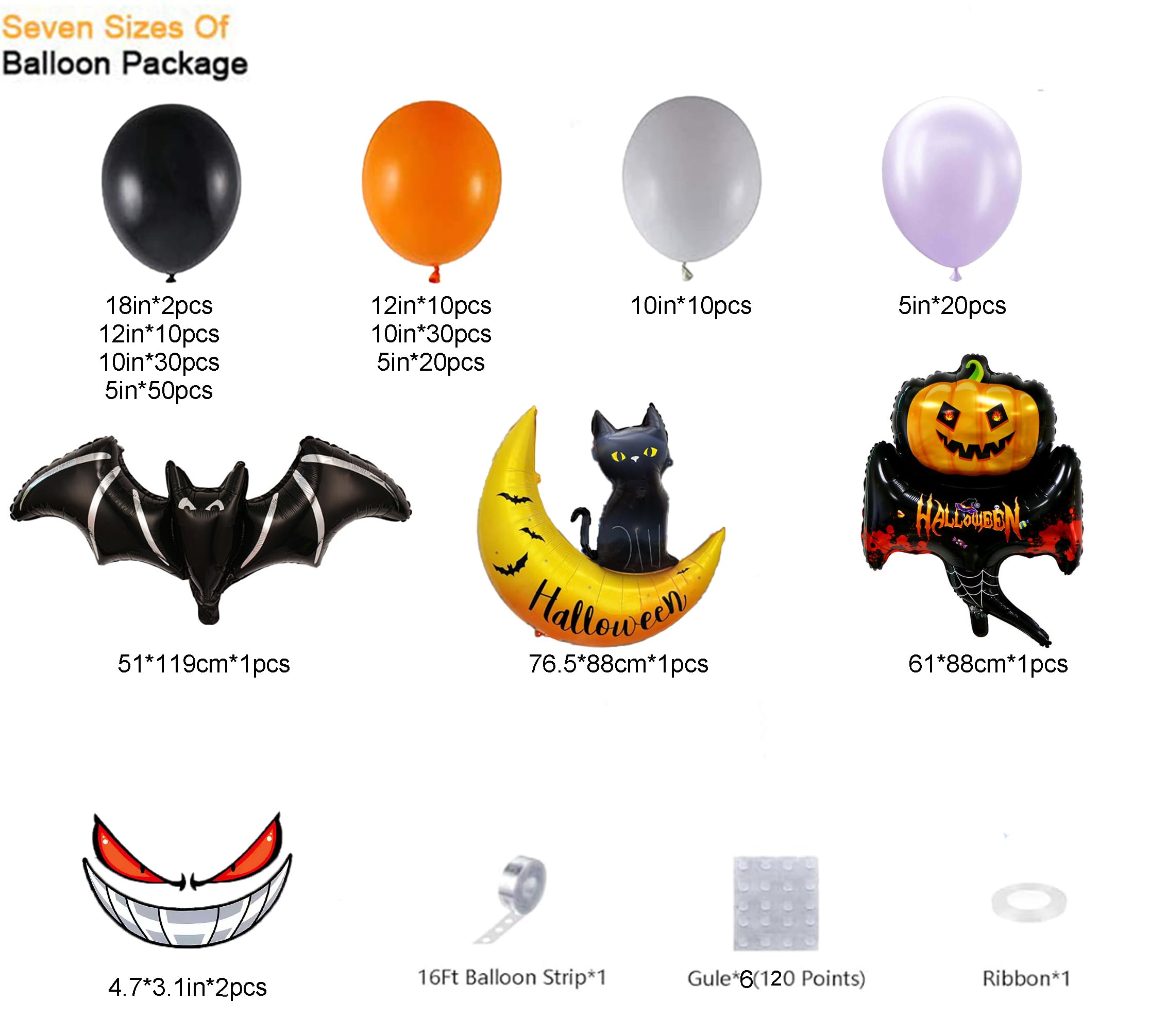 Halloween Balloon Garland Kit – 135pcs Black, Orange, Gray Balloons with Foil Bats, Cat Moon & Accessories