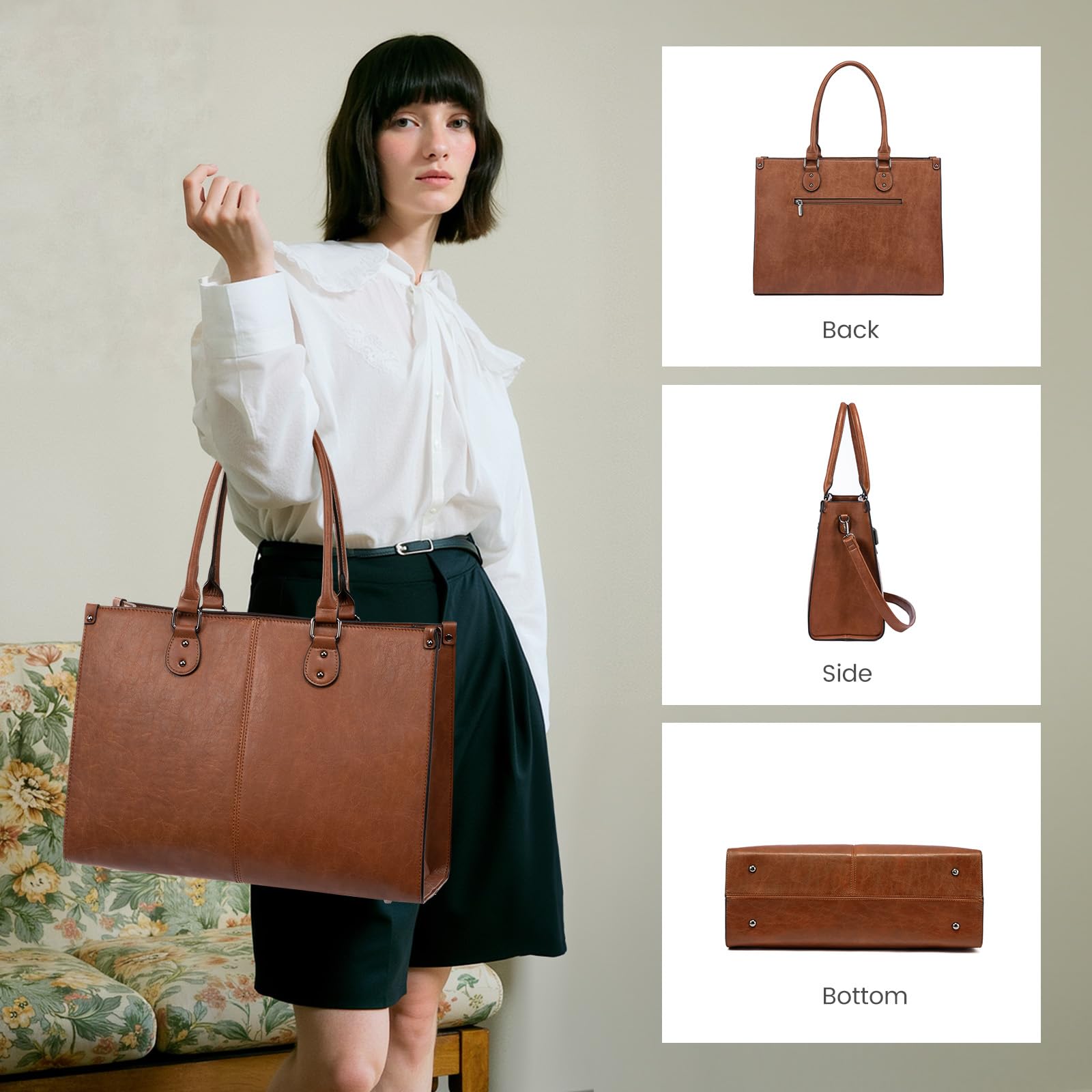 LOVEVOOK Vintage Leather Laptop Tote Bag for Women – 15.6” Large Capacity Work & Business Shoulder Handbag (Dark Brown)