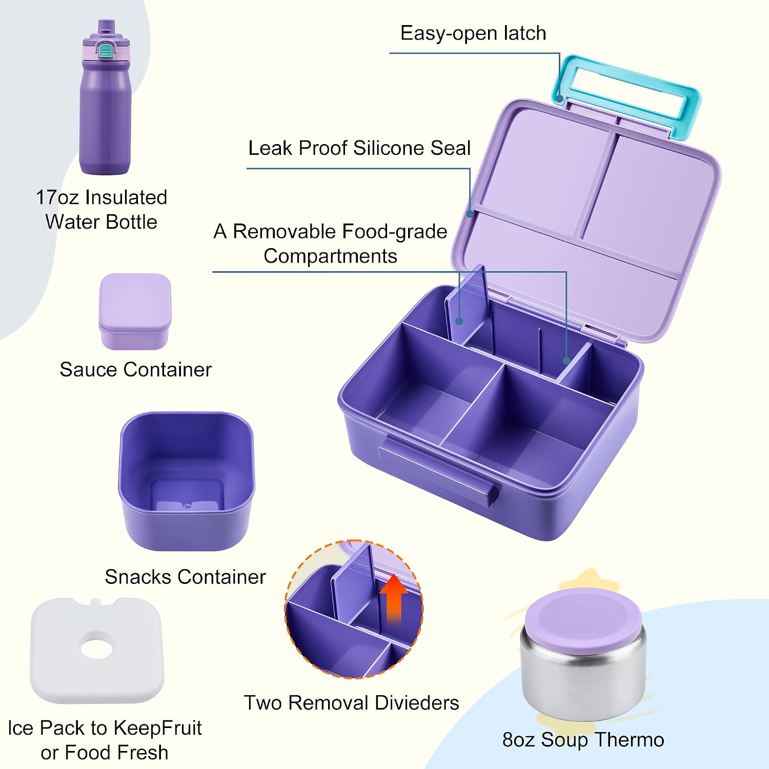 Kids 5-Compartment Bento Lunch Set with 8 oz Food Jar, 17 oz Insulated Bottle and Lunch Bag
