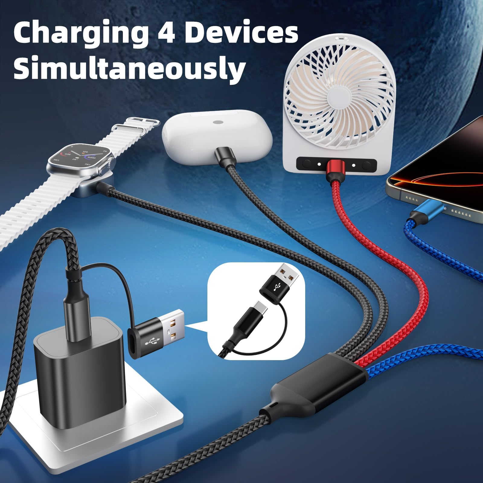 4-in-2 Multi Charging Cable for iPhone & Apple Watch – USB-A / USB-C Multi Device Charger