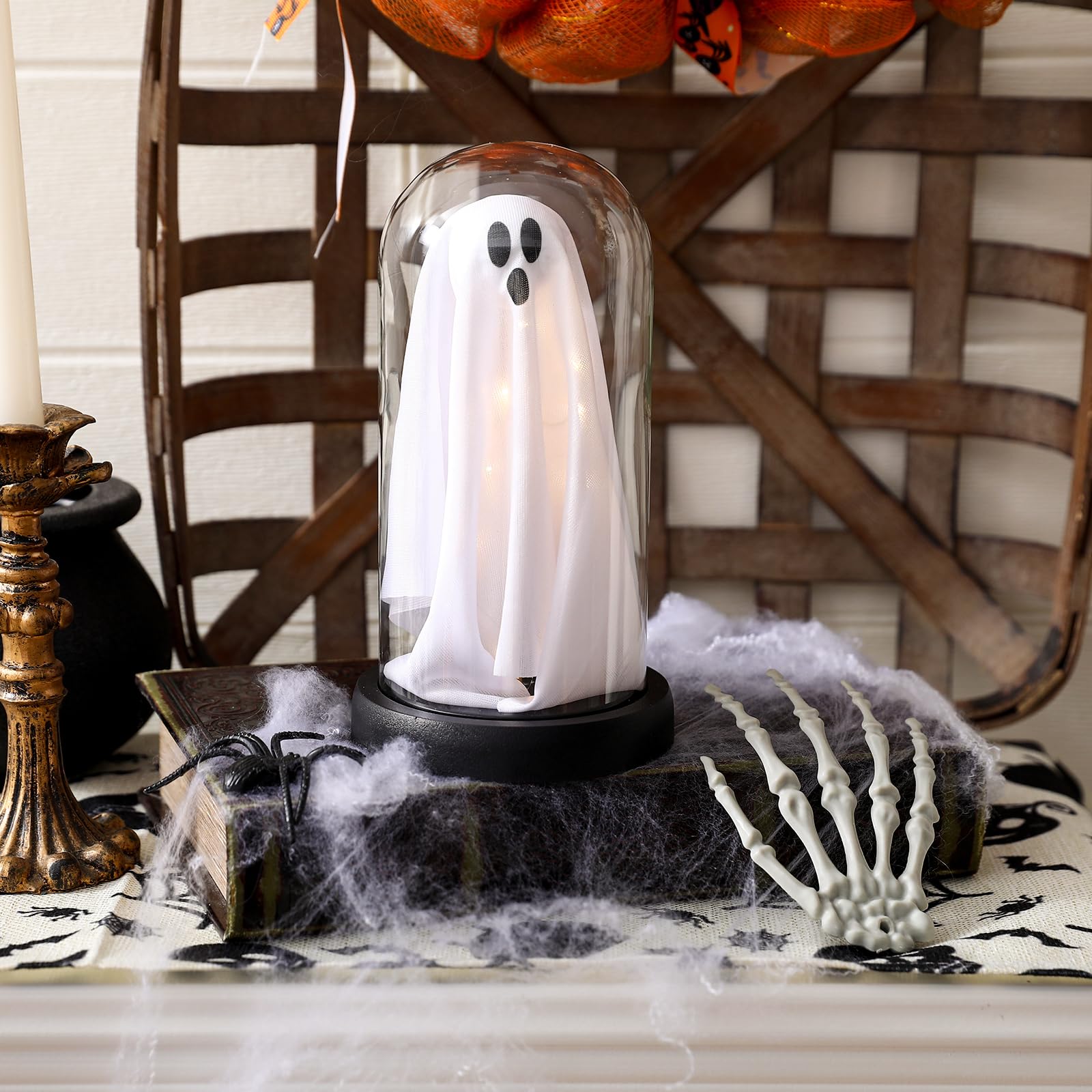 Halloween Light-Up Ghost in Glass Cloche – Handmade LED Decoration for Table, Mantel & Home Décor (White, 8.3x4.3 Inches)