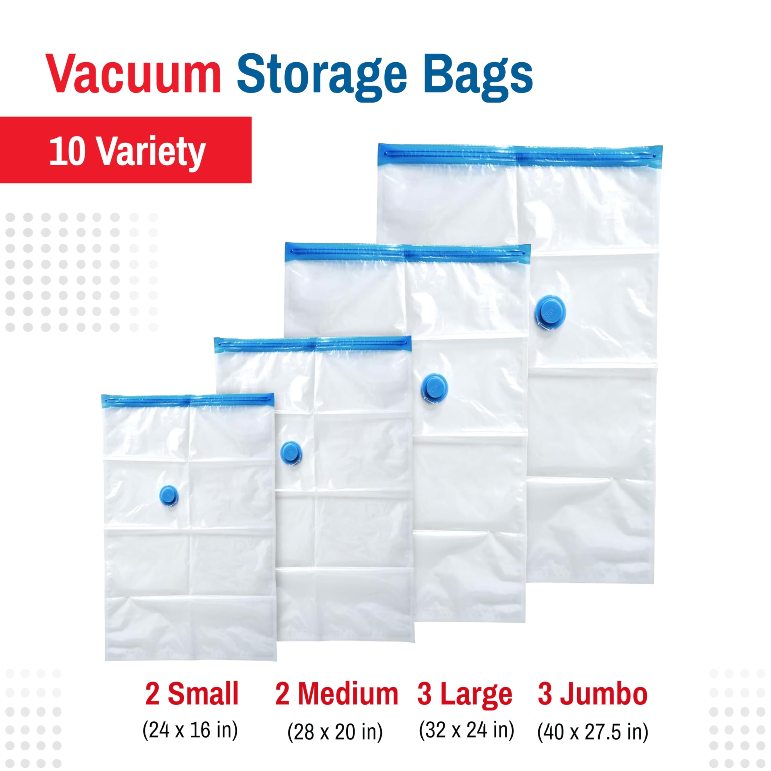 Vacuum Storage Bags Variety Pack – Space Saver Compression Bags for Clothes & Bedding (10-Pack with Hand Pump)