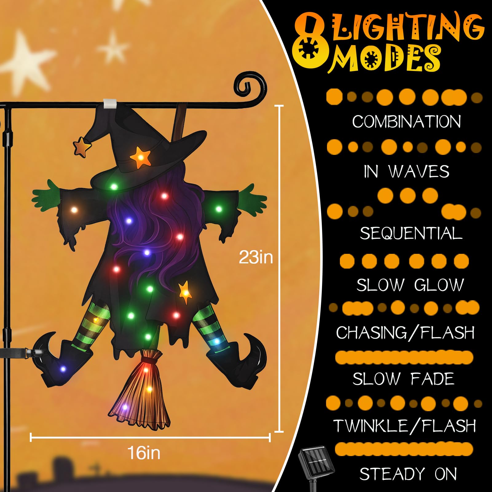 Solar Lighted Halloween Garden Flag – 23x16" Double-Sided Witch Design with 8 Lighting Modes & Weatherproof Fabric