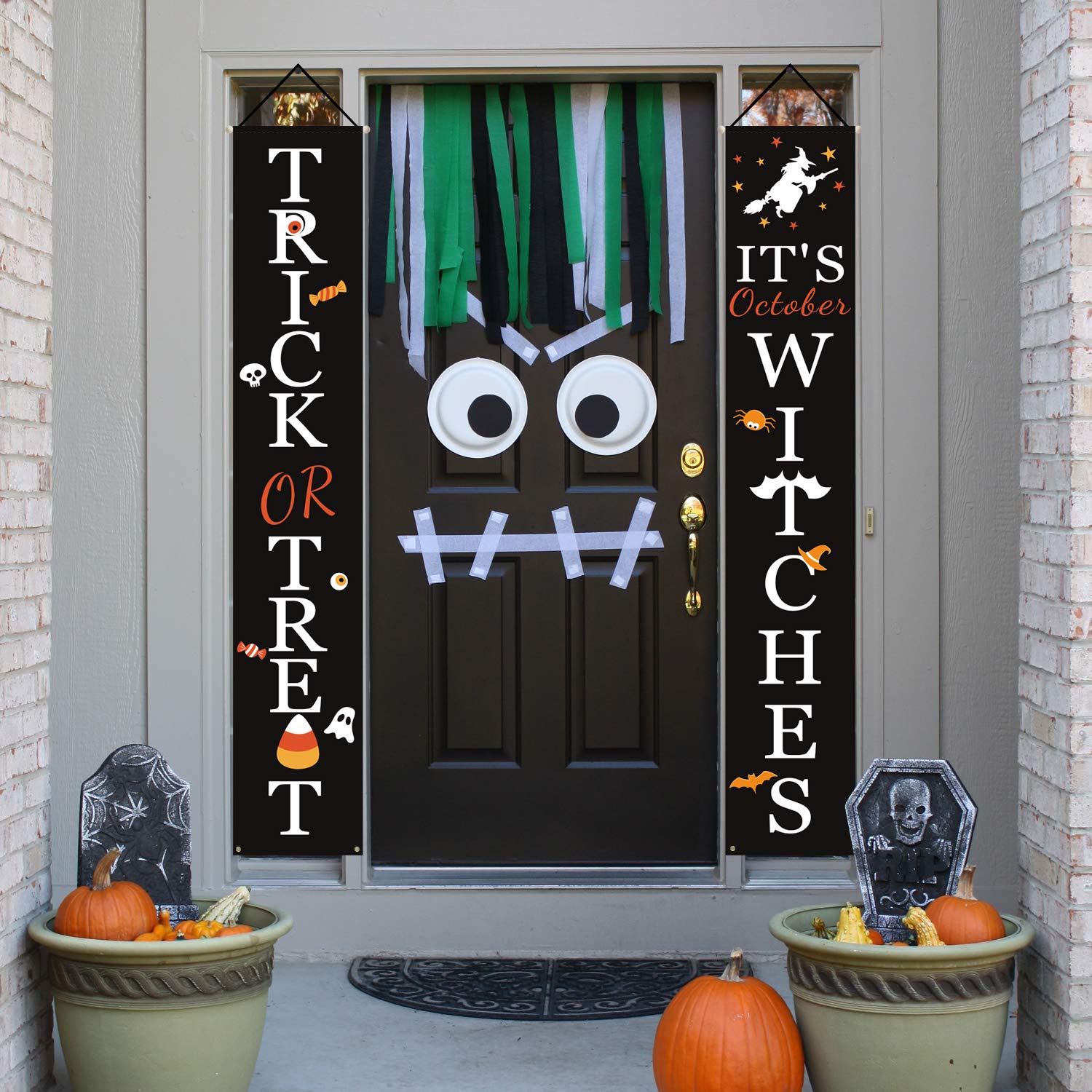 Halloween Porch Banners – Trick or Treat & It’s October Witches Hanging Signs for Front Door & Outdoor Decor