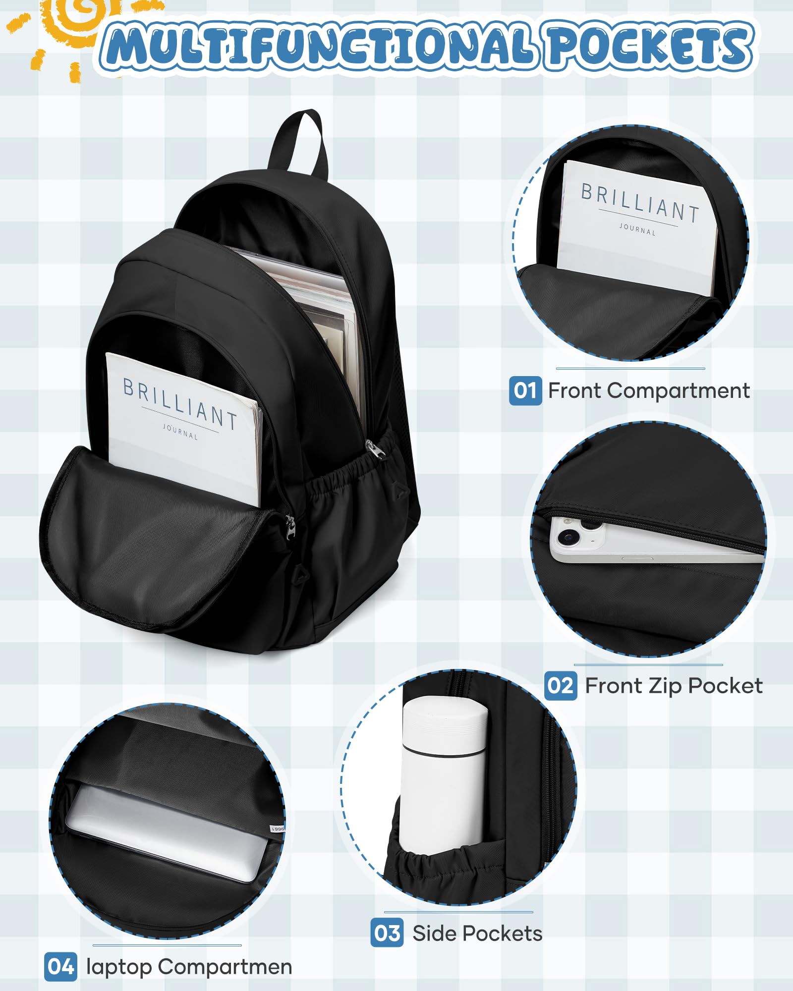 WINSPANSY Lightweight School Backpack for Teens & Adults – Water-Resistant Daypack with 14” Laptop Compartment (Black)