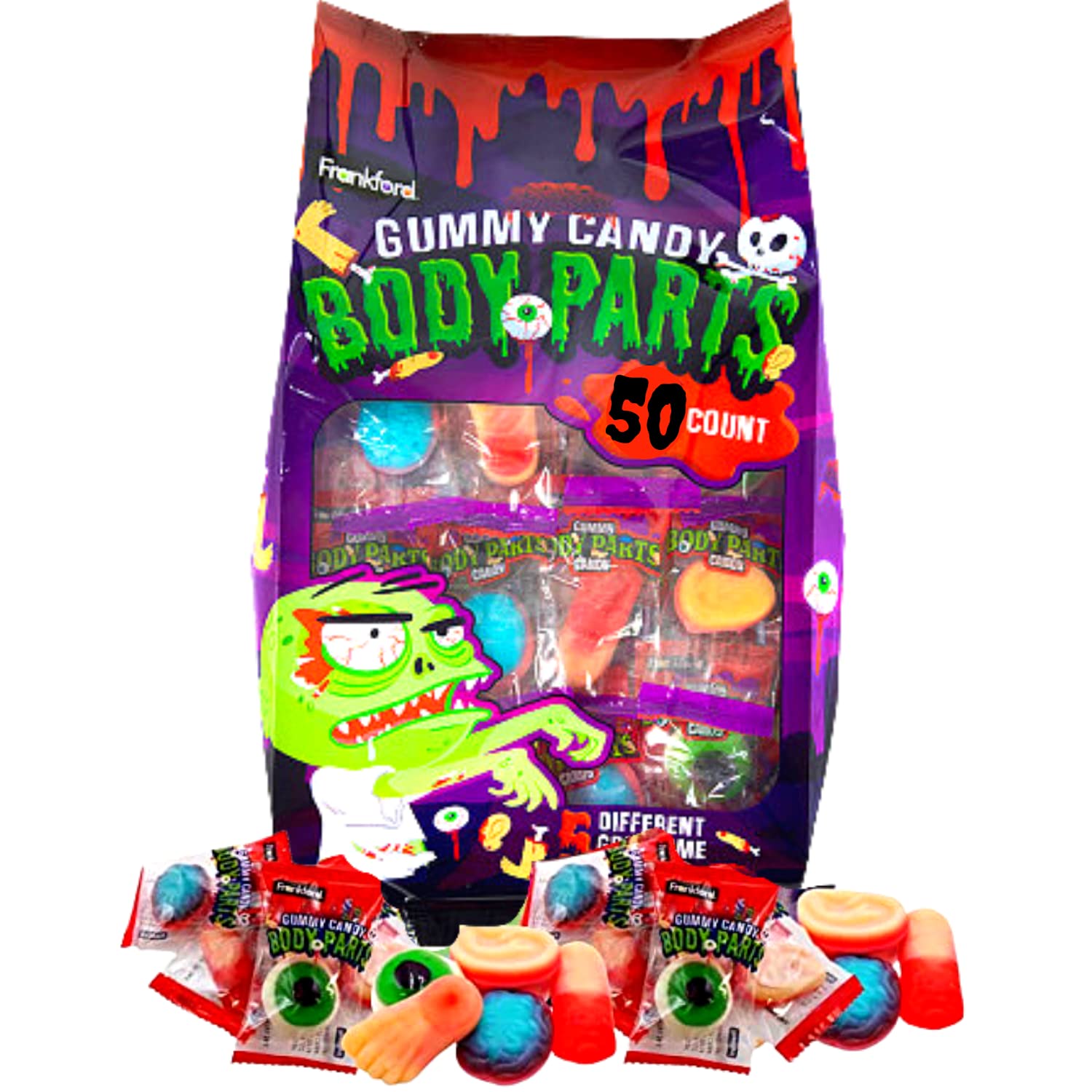 Halloween Gummy Body Parts Candy – 50 Count Individually Wrapped Assorted Gummies (Eyeballs, Fingers, Brains, Ears & Feet)