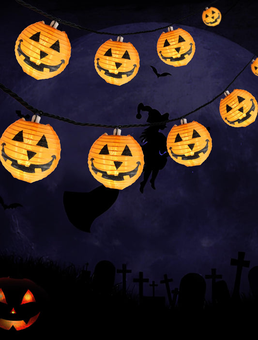 Orange Fabric Pumpkin Lantern String Lights – 12Ft, 20 LED UL Certified, Indoor/Outdoor Halloween Decor