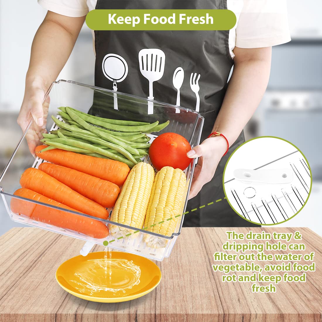 Clear Refrigerator Organizer Bins – 10 Pack Stackable Pantry & Fridge Storage Containers with Drain Tray